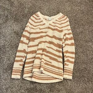 J. Jill Cream and Tan V-Neck Sweater with Stripes